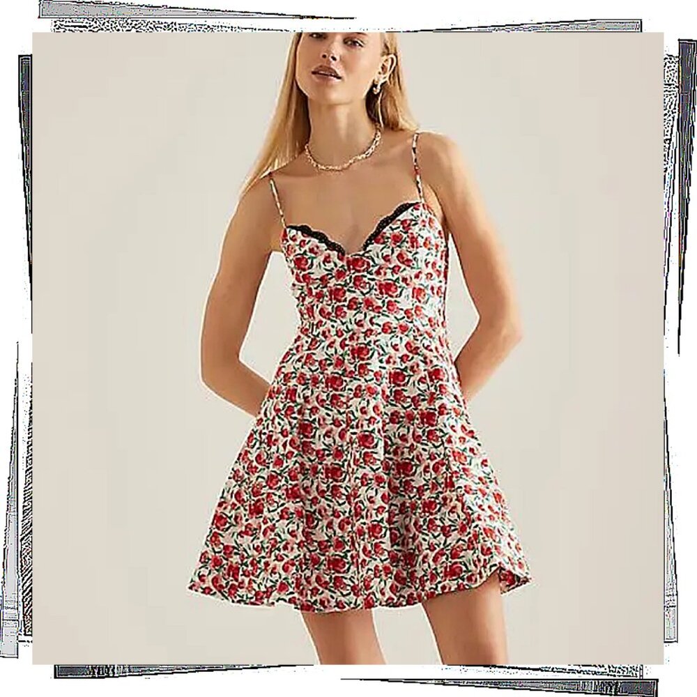 NWT: Red & White Floral Sweetheart Neckline w Lace Trim Dress (S) by Maeve - Picture 4 of 9